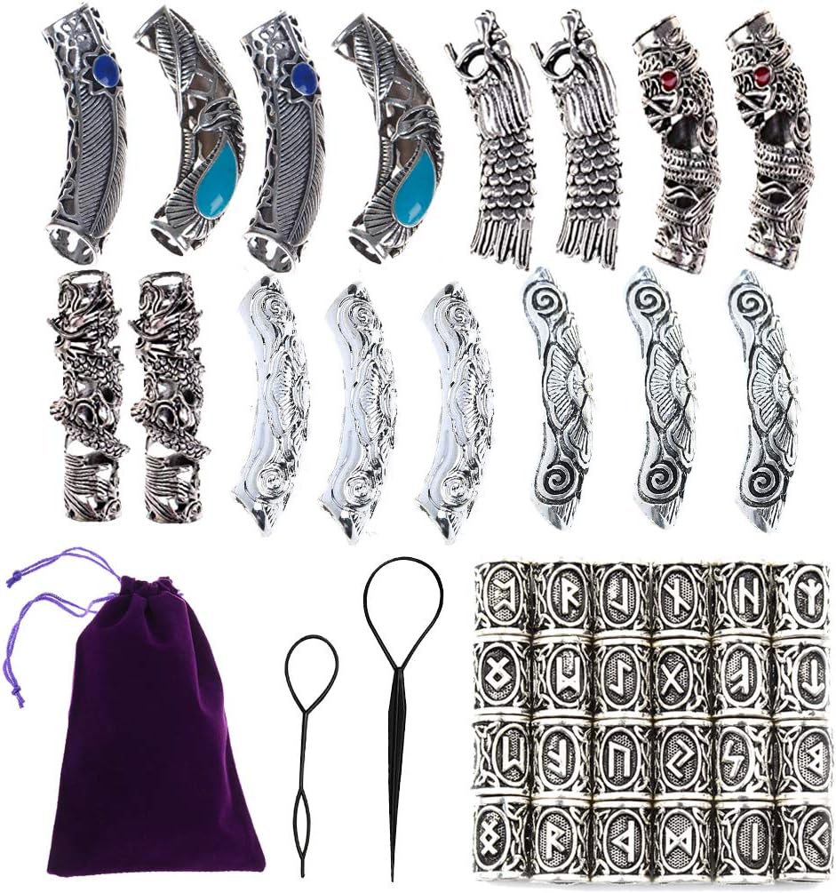 40 Pcs Vikings Rune Beard Bead Set Norse Dreadlocks Rings Mardi Gras Beads for Dreads Beards,Hair Paracord Pendants,Bracelets DIY