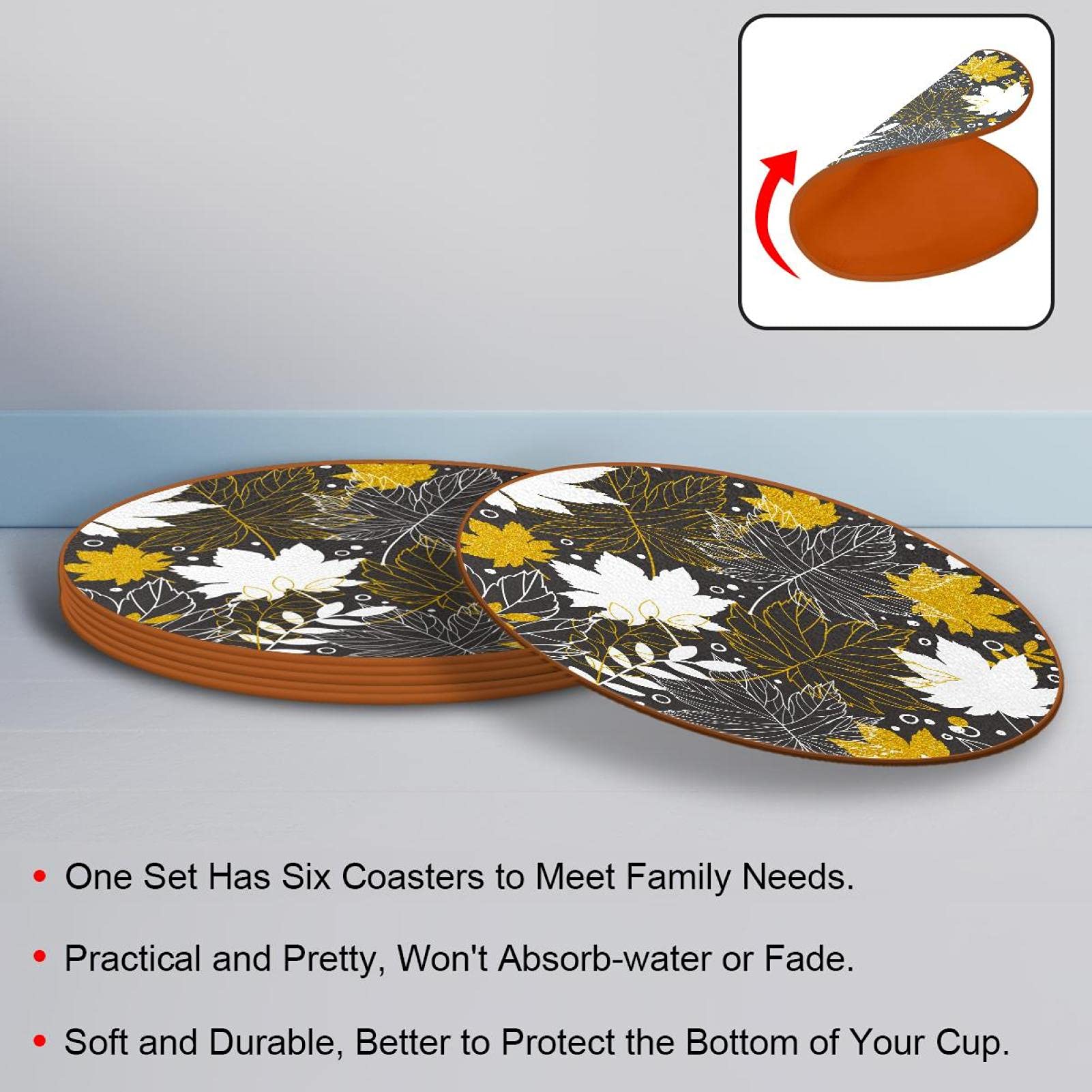 Herfstblad Herfst Lederen Onderzetters, Antislip Ontwerp Ronde Onderzetter Mat Cup Pad voor Koffie Bar Houten Tafelmeubelbescherming, 6 STKS