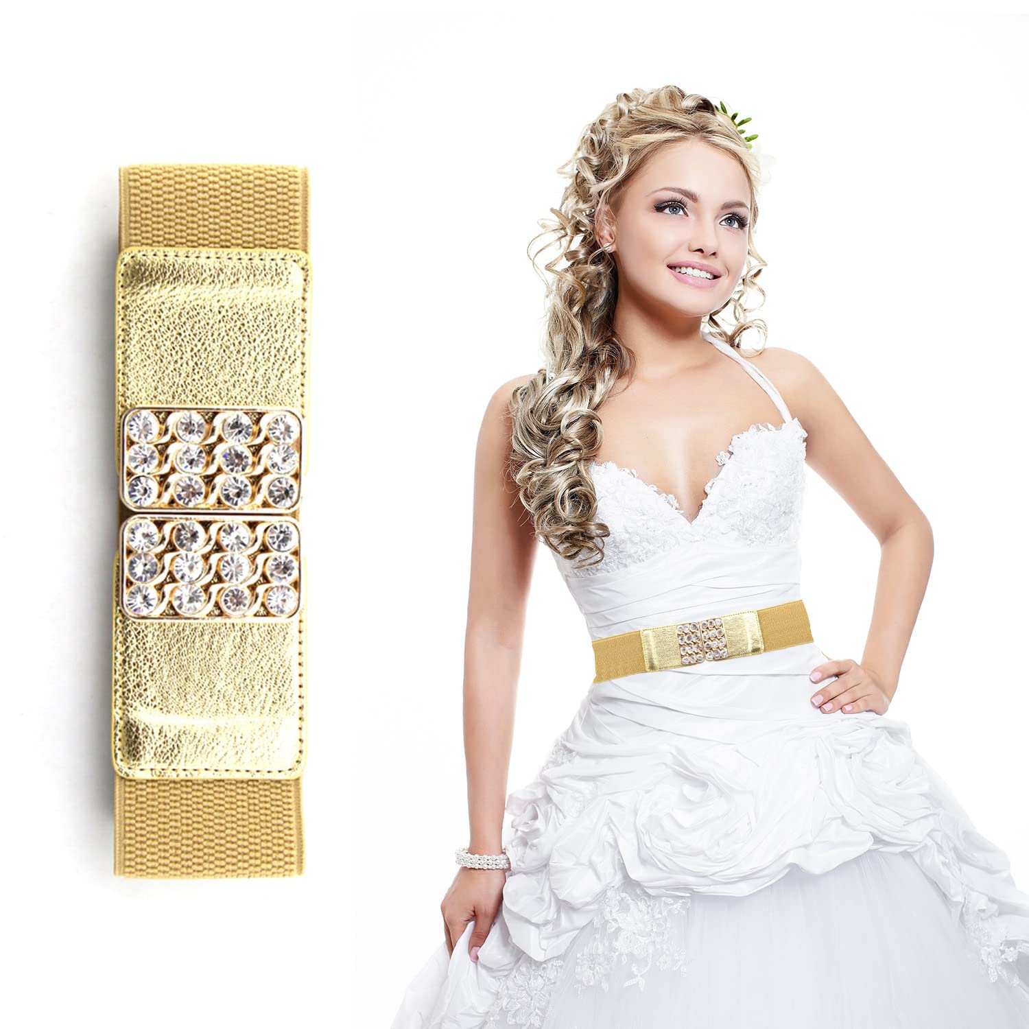 Trimming Shop Women's Elasticated Waist Belt with Gold Famed Buckles & Bejewelled Fake Diamantes, Cinch Belts for Formal, Casual Dress Adjustable Stretchable Retro Waistband, 60mm Wide