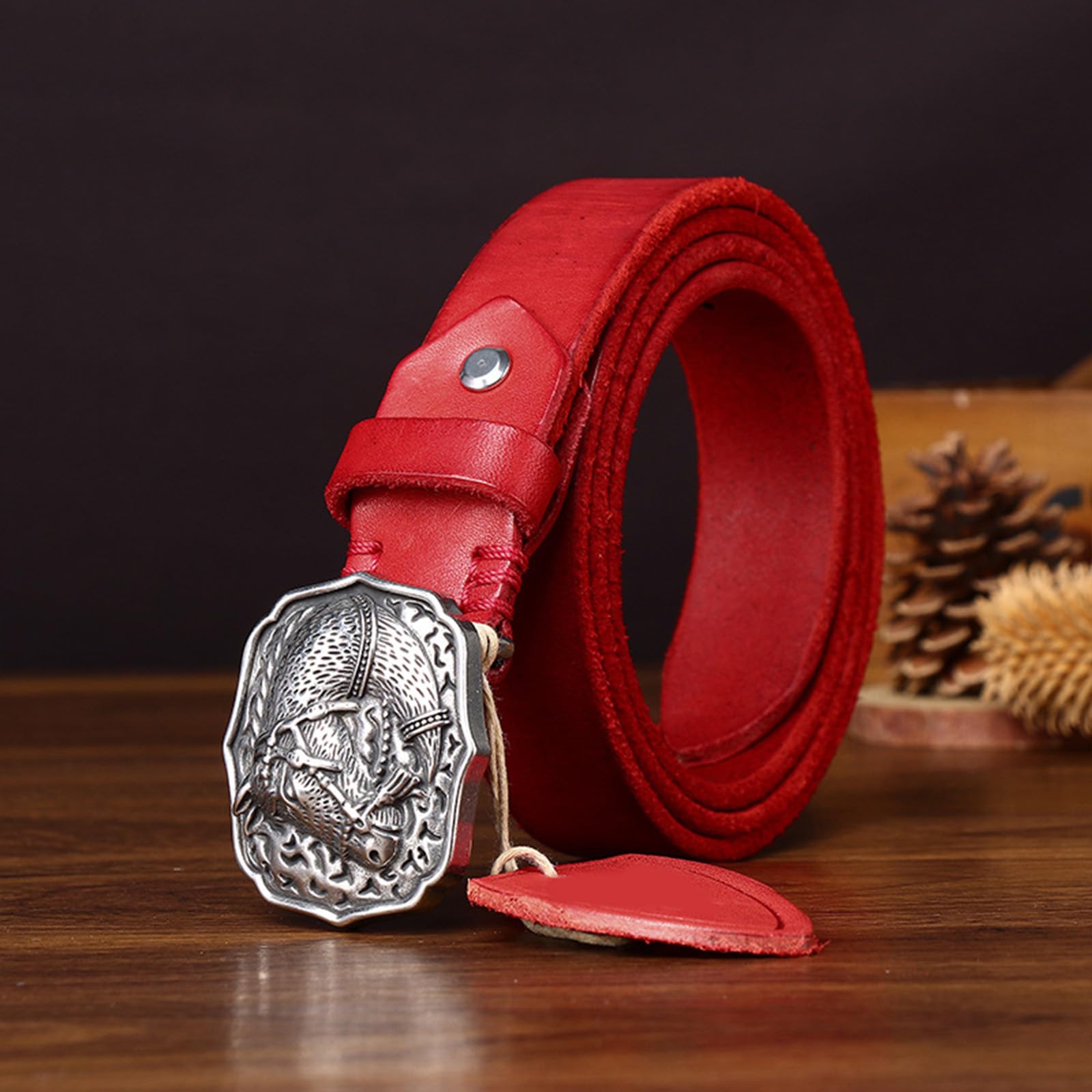 Cintura da Uomo Donna,Cintura da Cowboy Western con Fibbia Incisa Vintage,Cintura Casual Donna,Cintura in Vera Pelle,Cintura da Cowgirl Occidentale per Jeans Pantaloni,Rosso,100CM/39.4''