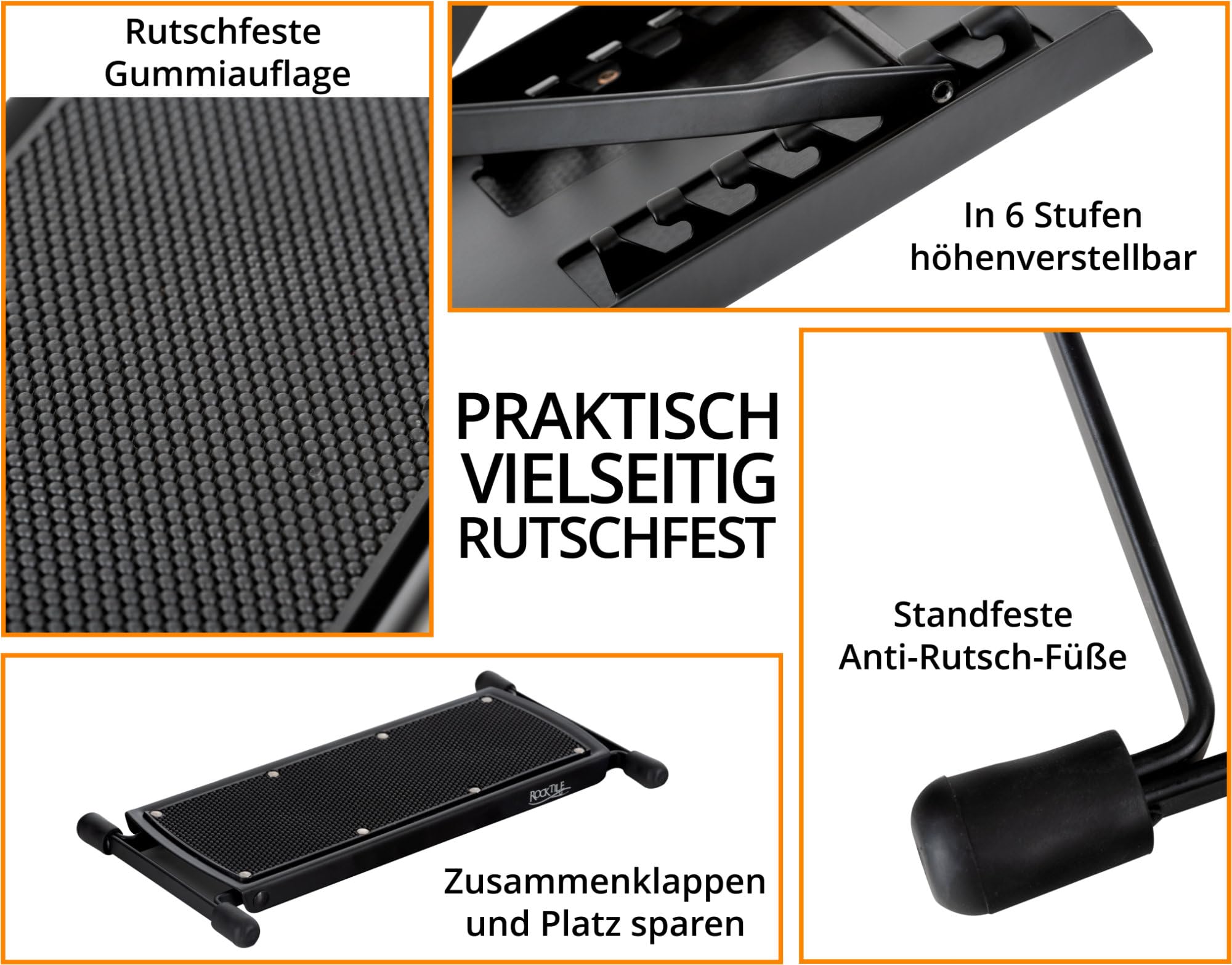 Rocktile Podnóżek do gitary – podnóżek z 6-stopniową regulacją wysokości – podnóżek gitarowy dla dzieci i dorosłych – uniwersalny podnóżek składany, zajmuje mało miejsca