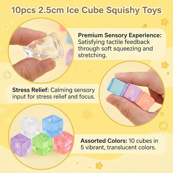 10 PCS Ice Cube Squishy, Squishy Cube Set, Mini Ice Cube Squishy for Relax and Focus Enhancement, Suitable for Office Workers, and Tourist, Assorted Colors with 2.5 cm Size