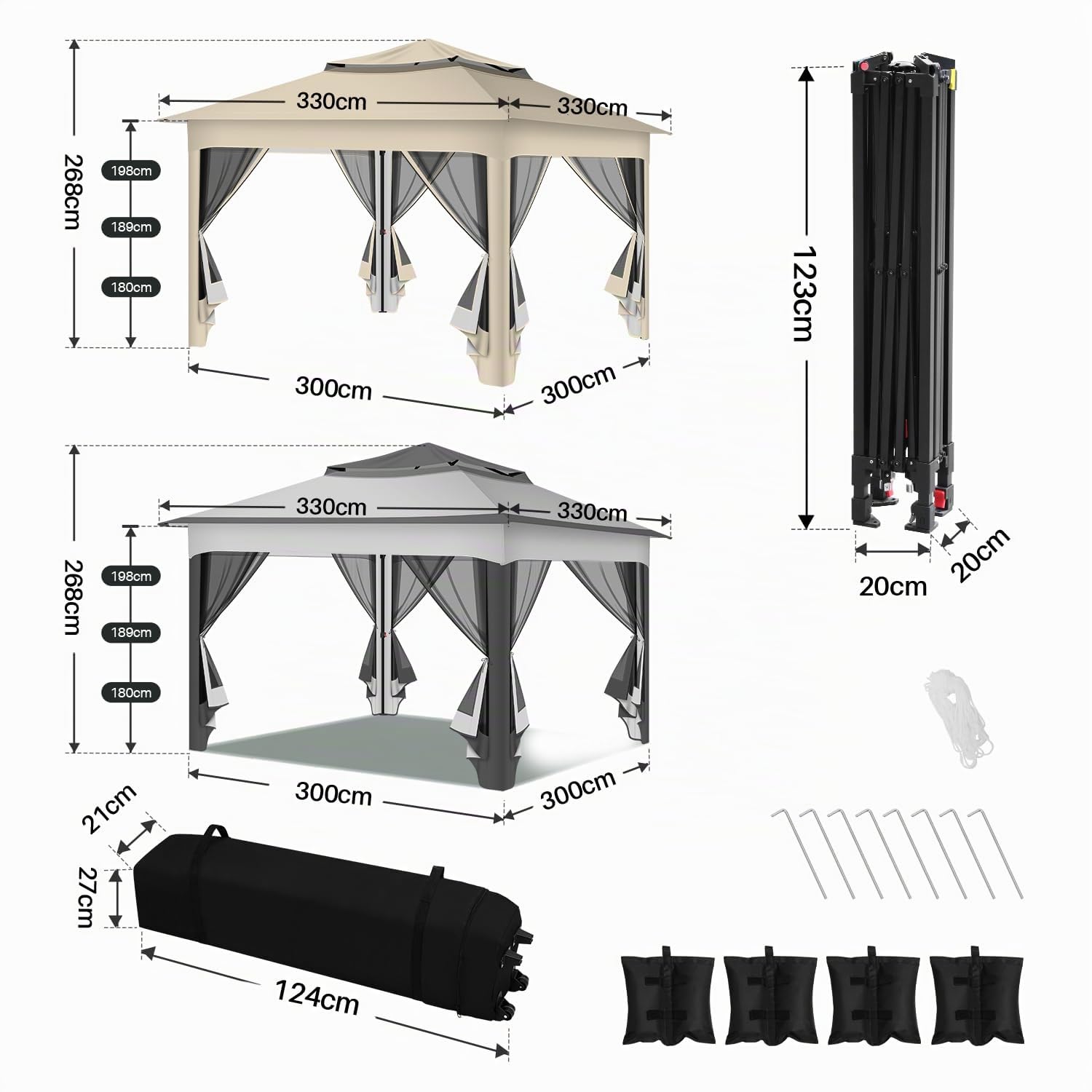 Pavillon 3x3m Étanche Stable, Double Toit Pavillon de Jardin, avec Moustiquaire Cadre Métallique, Bâche Tente de Fête Gazebo pour 2-4 Personnes (Gris)