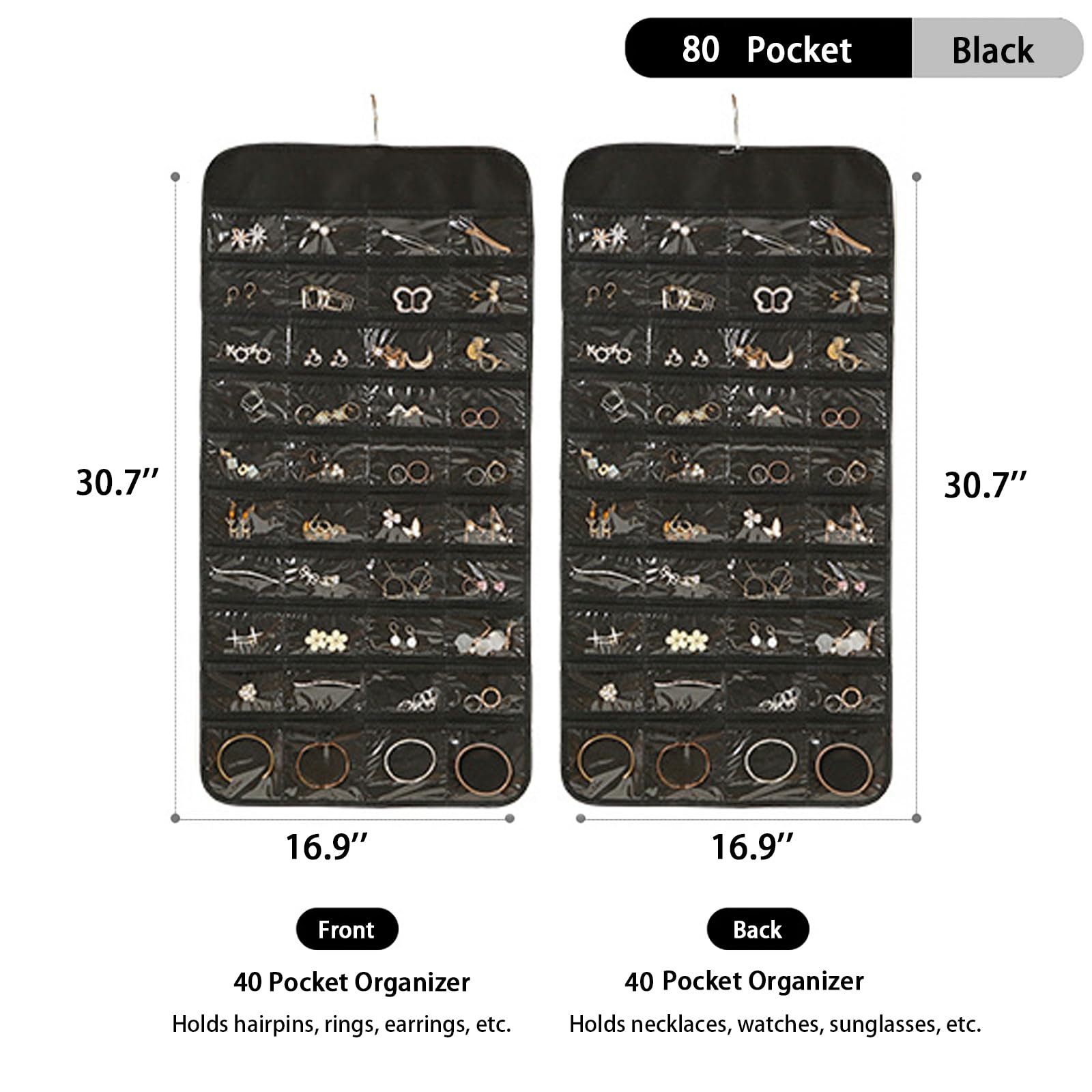 DTCSWACN Hanging Jewelry Organizer,Accessories Organizer,80 Pocket Organizer for Holding Jewelries,Black