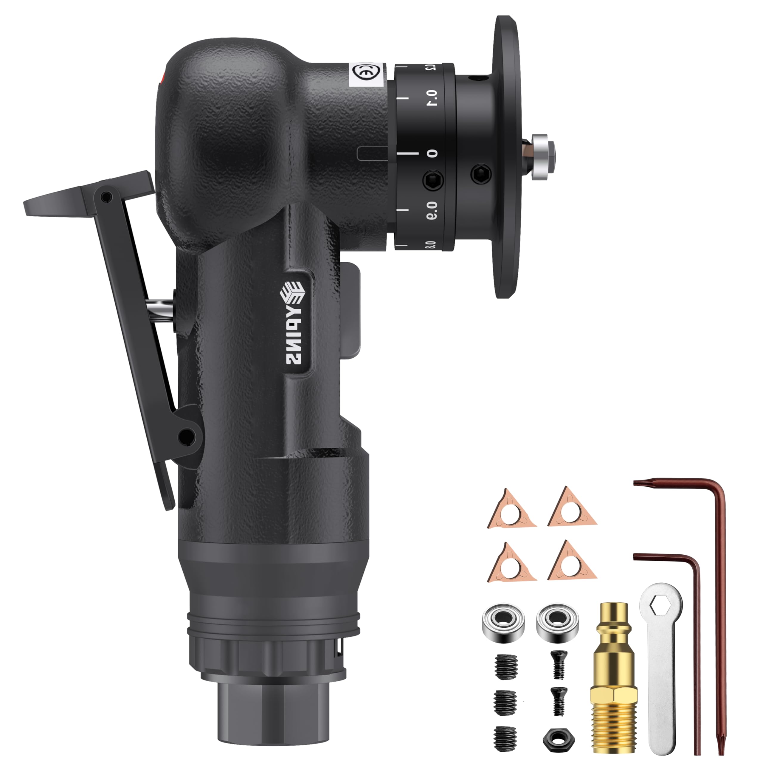 EYPINS Air Chamfer Tool, Mini Pneumatic Chamfering Machine for Metal Wood Steel Brass Acrylic, 45 Degree Arc, 30000 RPM 1/4" Air Deburring Beveling Tool, Pneumatic Roundover Tool with C/R blade, 17PCS