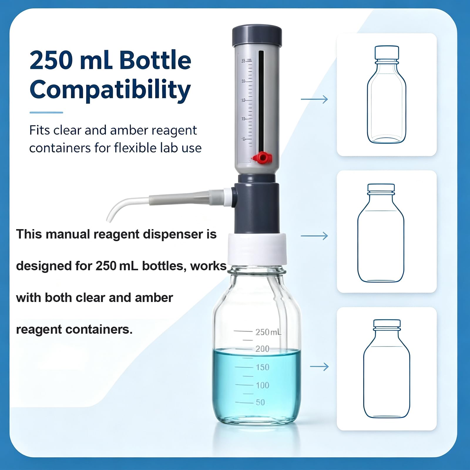 COYEUX Dosatore Regolabile A Manicotto per Liquidi, da 0-25 Ml, per Flaconi da Laboratorio, con Impostazione del Volume Graduata E Bloccabile, per Laboratori, Scuole, Docenti E Ricercatori.