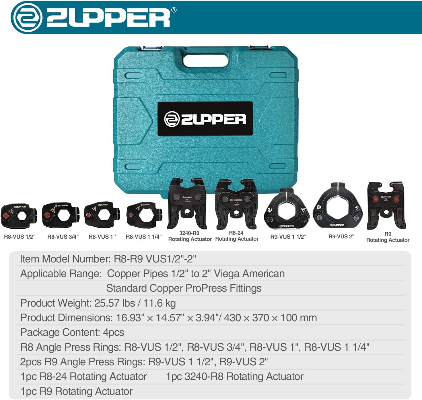 ZUPPER Press Ring Kit - 6PCS Copper Pro Press Rings 1/2" to 2", 3PCS Rotating Actuators R8-24, 3240-R8 and R9 Suitable for Narrow or Angled Installation Areas, fit Compact and Standard Press Tools
