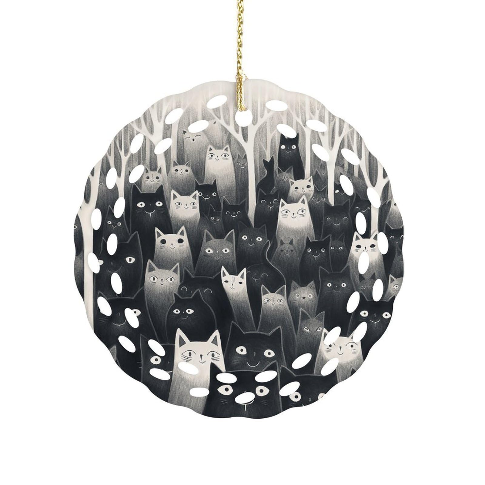 Btcowzrv Style A Group Of Black Cats Ceramic Ornament,Round Ornaments With Hole Easy To Hang,Hanging Ornament For Wedding Party Home Window Garden Christmas Day Decor