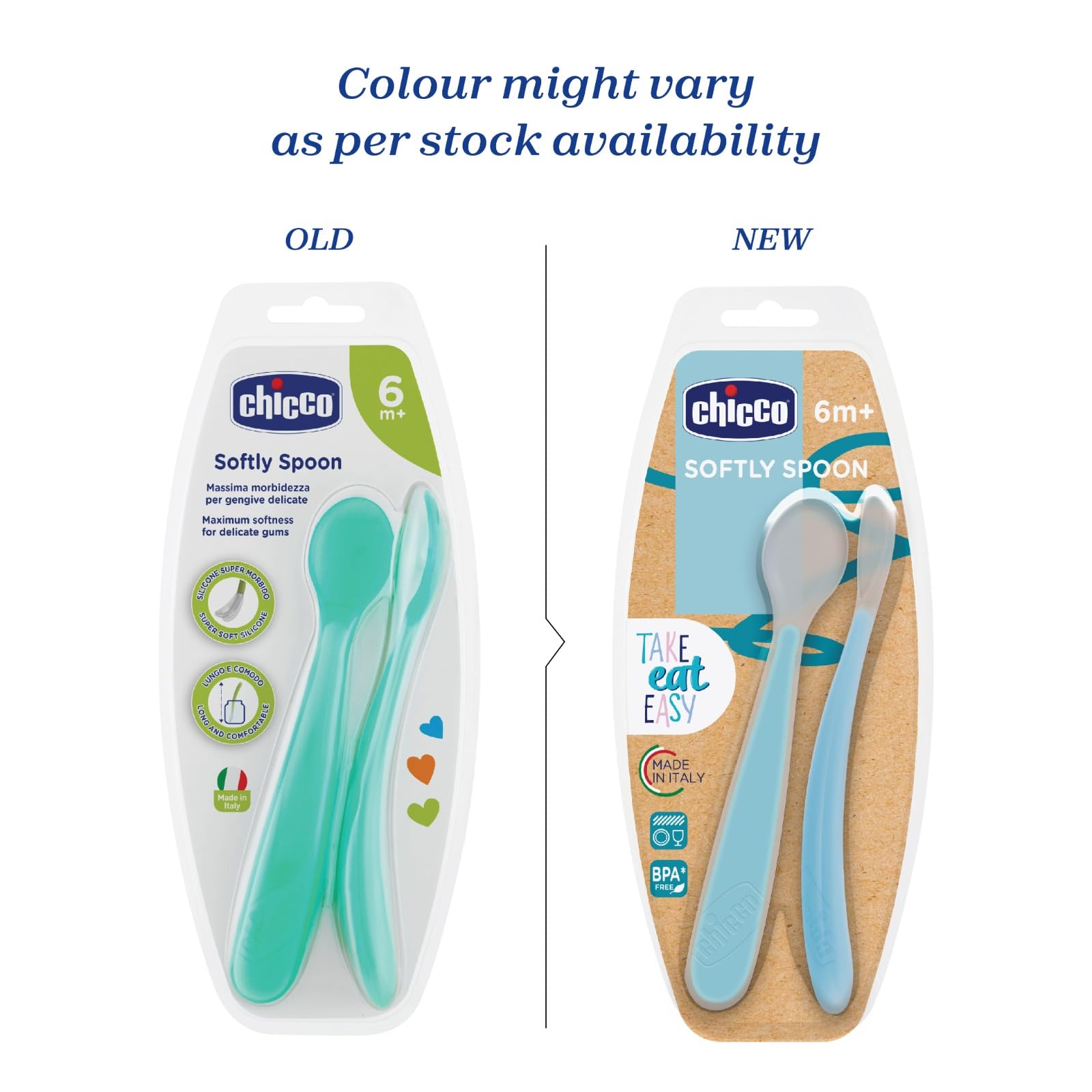 Chicco Cuchara Silicona Bebé, Set de 2 Cucharas Blandas para Bebés y Niños, Suaves y Flexibles con Mango Largo Curvo Ergonómico – Cuchara para Bebé Aprendizaje +6 Meses, 2 Piezas, Azul Claro