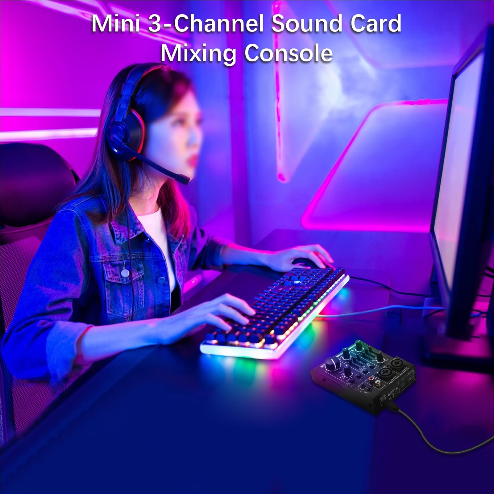 Mezclador de Sonido USB 2 Canales con Alimentación Fantasma 48V, Entradas XLR/TRS y Medidores LED for Mezcla DJ, Grabación en Casa y Streaming