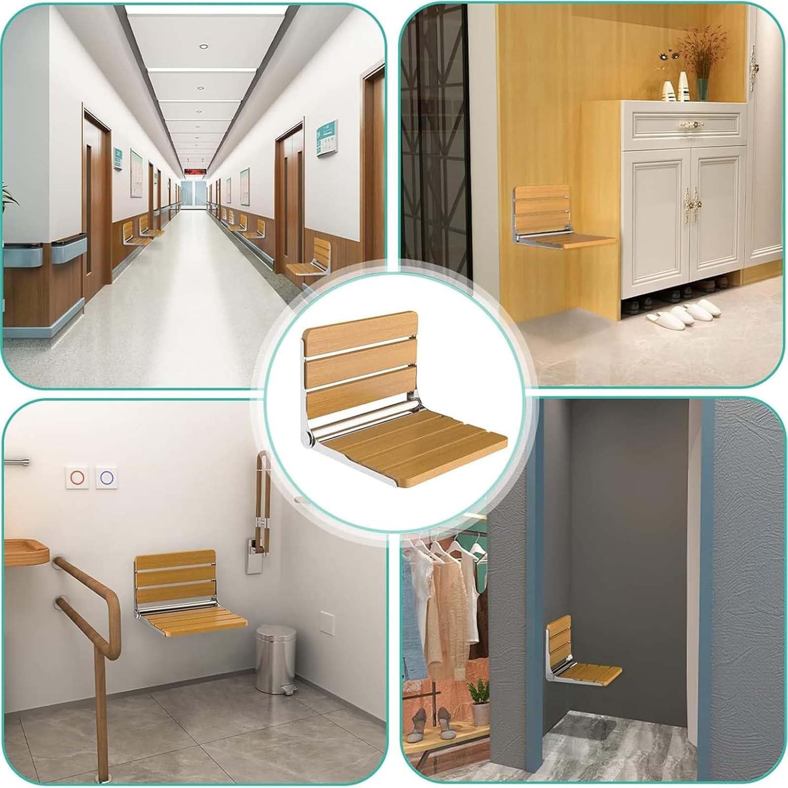 Asiento de ducha plegable montado en la pared, diseño que ahorra espacio, soporte de acero inoxidable, soporta hasta 440 libras, ideal para hogares, baños y pasillos