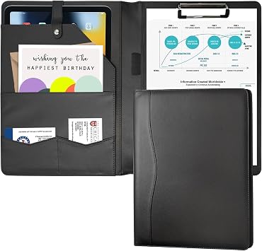 Portfolio Folder Padfolio with Clipboard, Faux Leather Portfolio Clipboard Conference Binder Writing Folder for Legal Pad Documents Card Organizer Men Women Black