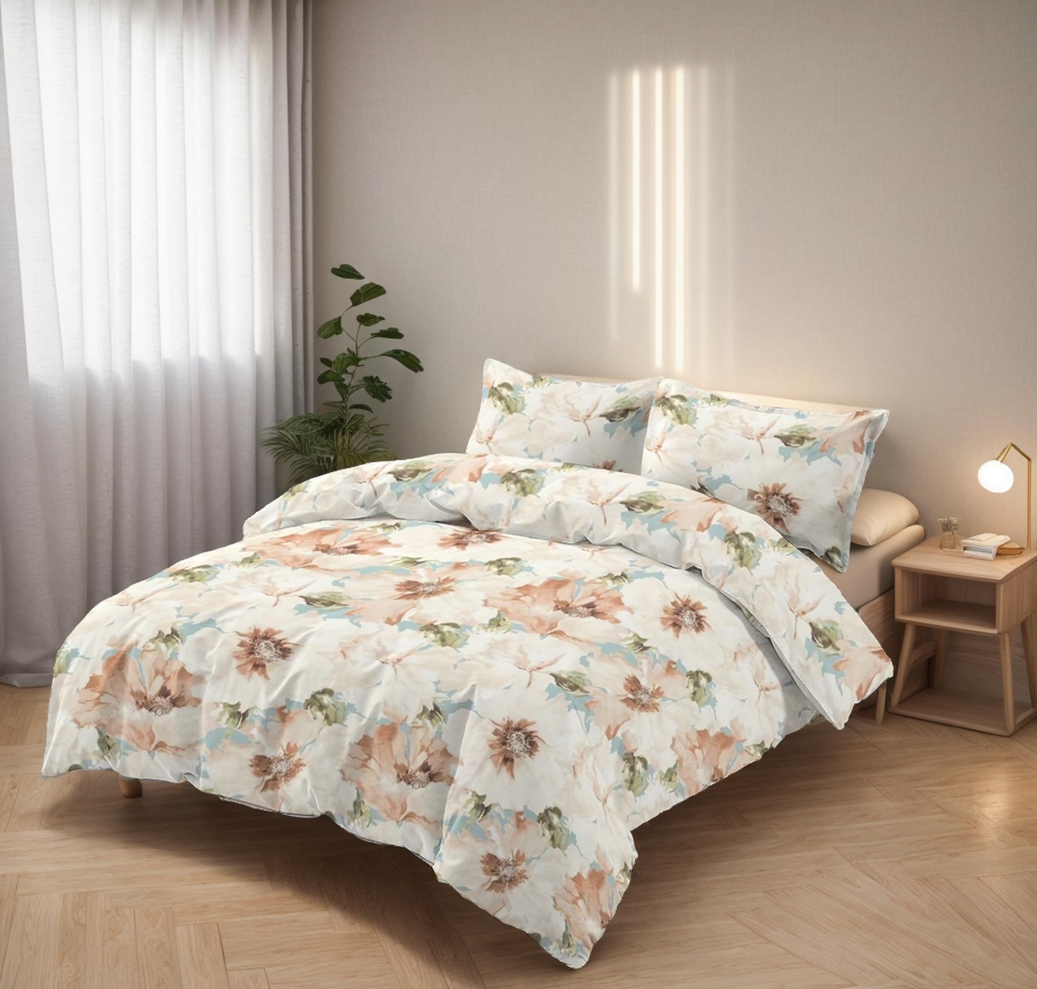 H HANSEL HOME Juego de Funda Nordica Microfibra de 4 Piezas para Cama 150 Ultra Suave Transpirable, Incluye 1 Funda Edredón 220x240cm, 1 Bajera 150x200+28cm, 2 Fundas de Almohada 50x90cm - Flor Beige