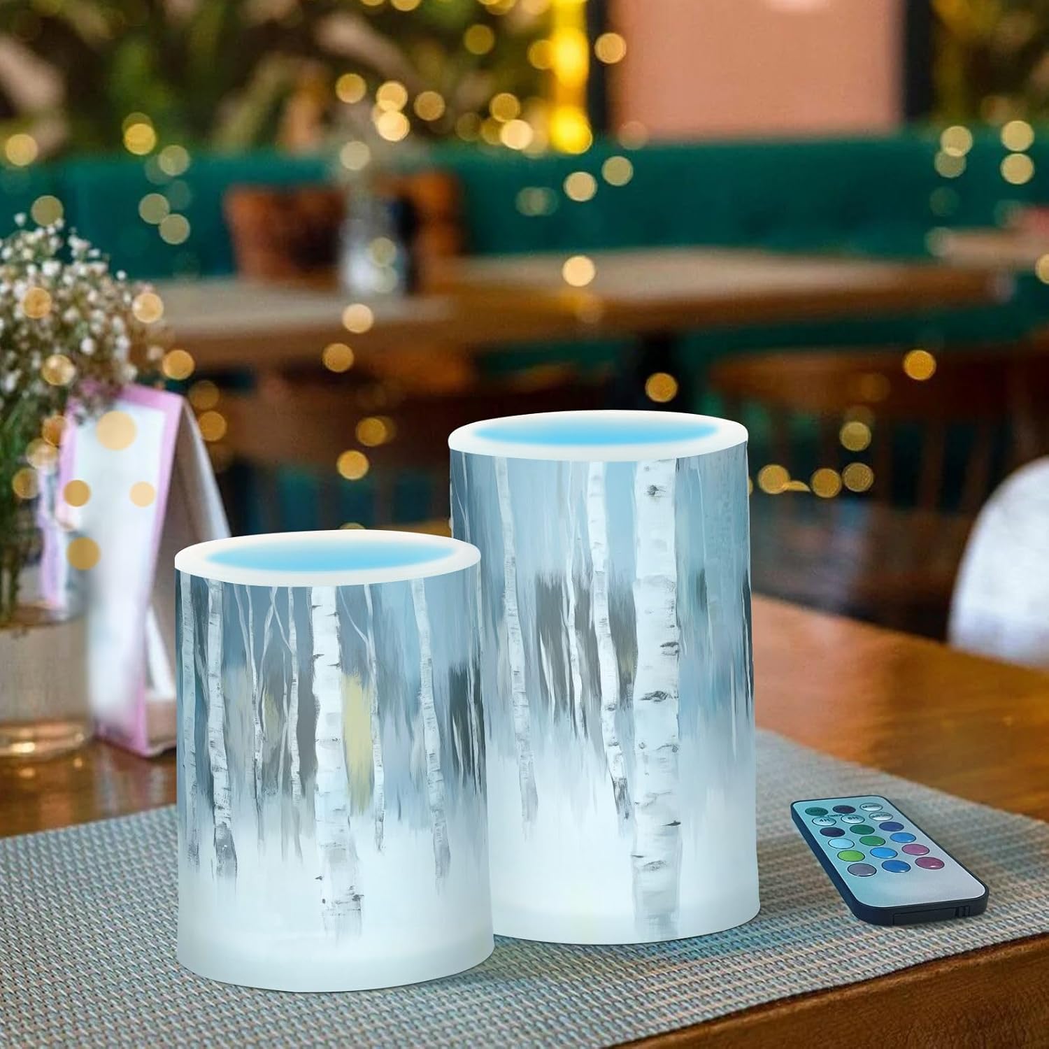 Painting White Birch Trees Flickering Flameless Candles LED Battery Operated with Remote Timer Pillar Candles for Home Birthday Wedding Christmas Decor, Set of 2
