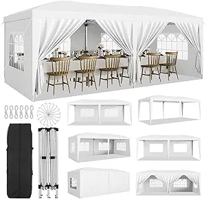 10x20 Heavy Duty Pop Up Canopy Tent with 6 Removable Sidewalls, Easy Up Commercial Canopy Tents for Parties, Large Outdoor Canopies with 3 Adjustable Heights, Stakes X18, Ropes X6,White