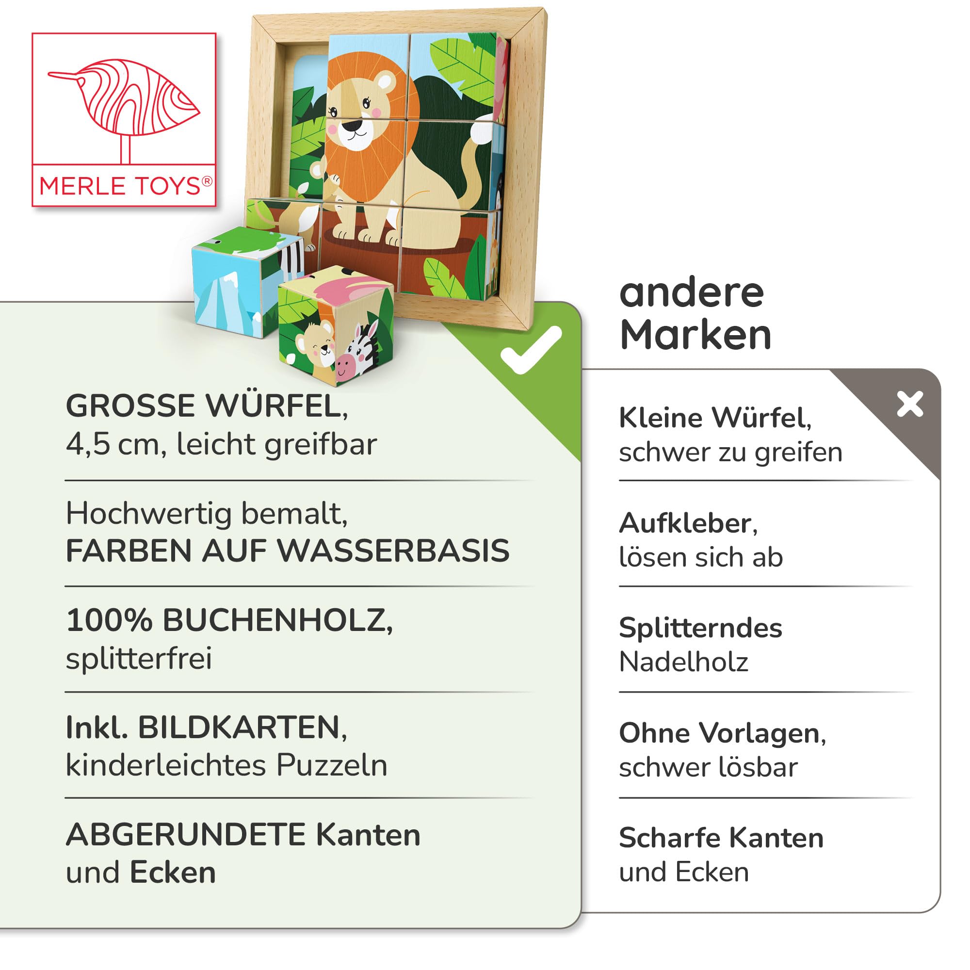 Merle Toys® 6-in-1 Würfelpuzzle ab 2 Jahre, 100% FSC-Buchenholz, Würfelpuzzle ab 3 Jahre, Bilderwürfel Holzpuzzle ab 2 Jahre, 4,5 cm große Würfel, Puzzle mit abgerundeten Ecken und Bildvorlagen, Löwe