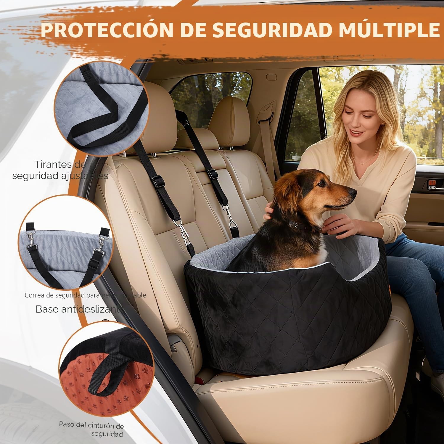 Asiento de Coche de 10 cm de Altura para Perros de Menos de 25 kg | Cojín de 70 x 42 x 10 cm, 2 correas de seguridad, asiento para coche para perros con funda extraíble y lavable