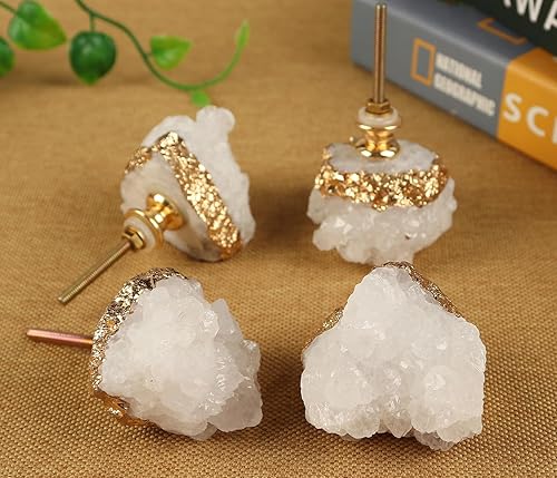 Miniatura 5 de JIC Gem Paquete de 4 pomos de piedra de cristal para gabinete, geoda de cuarzo, manijas chapadas en oro, tiradores de piedras preciosas naturales