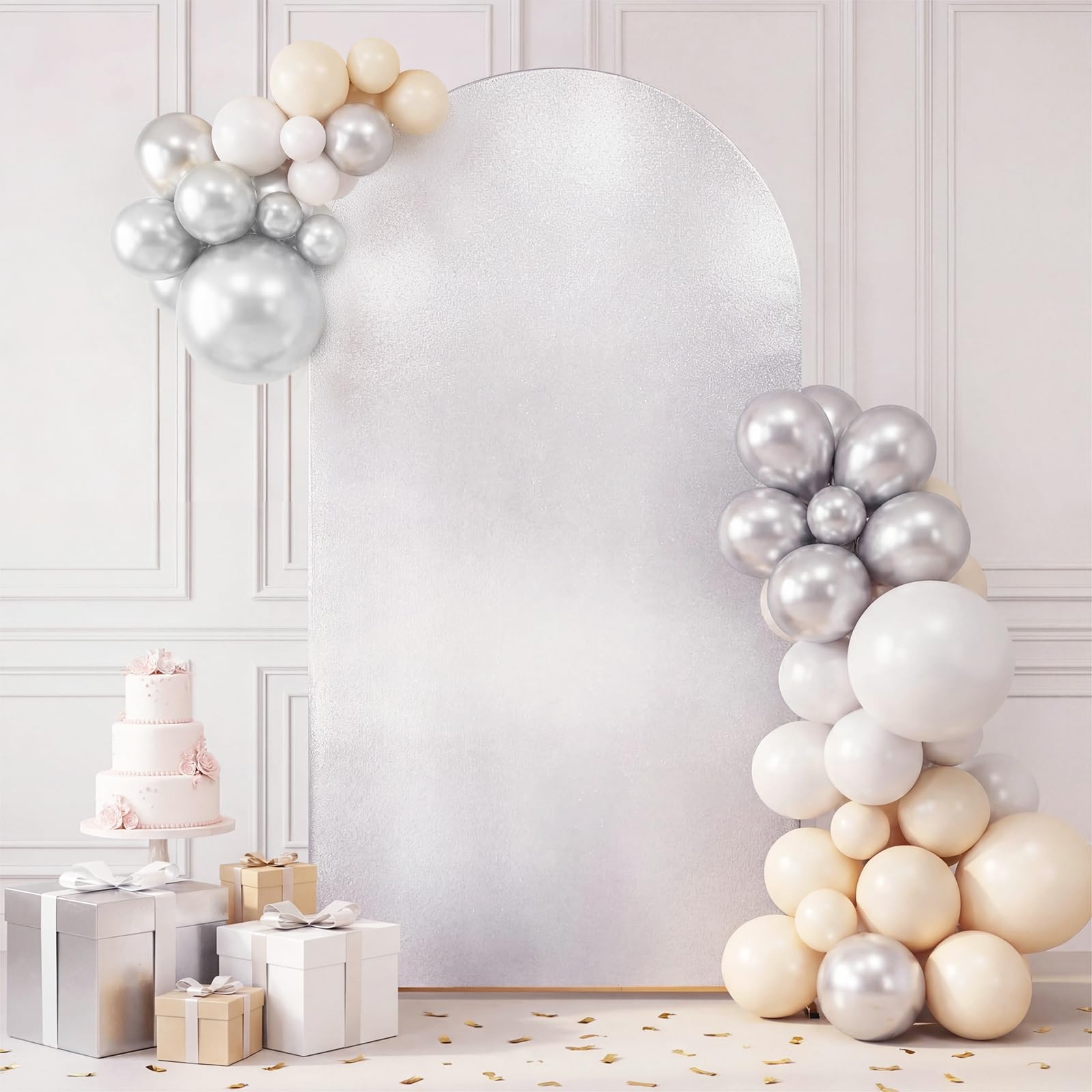 3E Home Silver Sparkly Arch Backdrop Cover, 7.2 FT Glitter Stretchy Arch Cover for Wedding, Birthday Party, Events, Baby Shower, Reception Decor