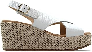 Sandalias de piel con dos tiras cruzadas,cuña y plataforma de esparto,yute,espadril,suela de goma, para: Mujer