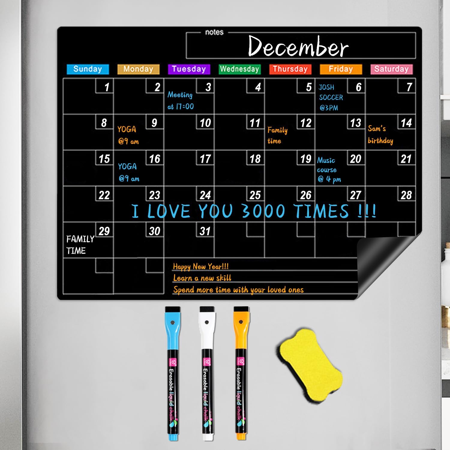 Magnetic Dry Erase Calendar for Fridge, 17"x12" Monthly Black Board Calendar Planner for Refrigerator - No Stains Or Ghosts - 3 Fine Tip Markers and 1 Eraser - Planning Blackboard for Kitchen Office