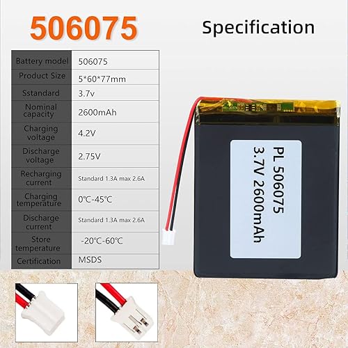 Miniatura 4 de Batería recargable del ion del polímero de litio de la batería de 3.7V 2600mAh 506075 Lipo con el conector JST