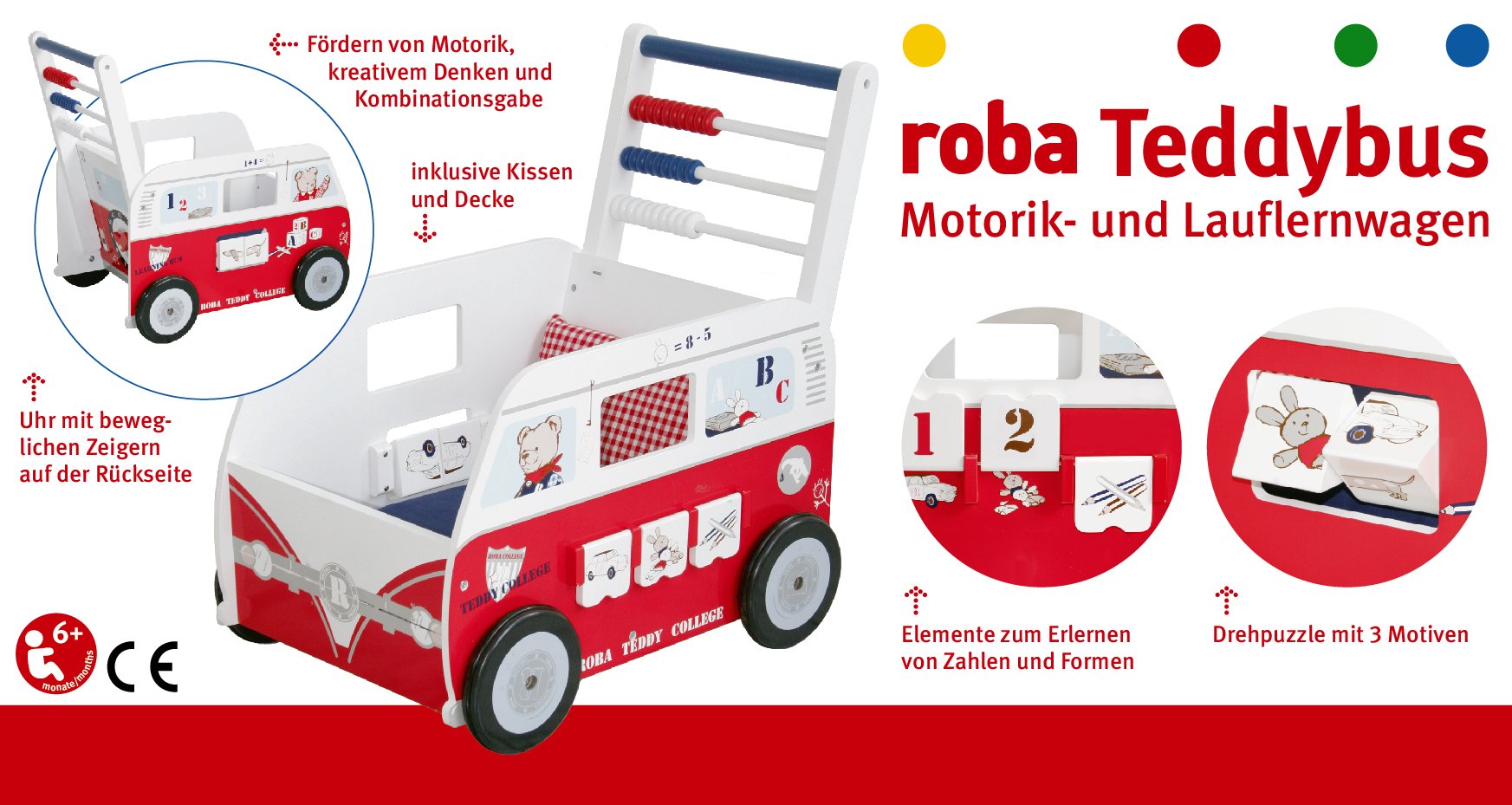 roba Teddybus aus Puppenmöbel Serie 'Teddy College', Puppenwagen weiss lackiert, Puppenzubehör inkl. Kissen, Decke und Spielfunktionen
