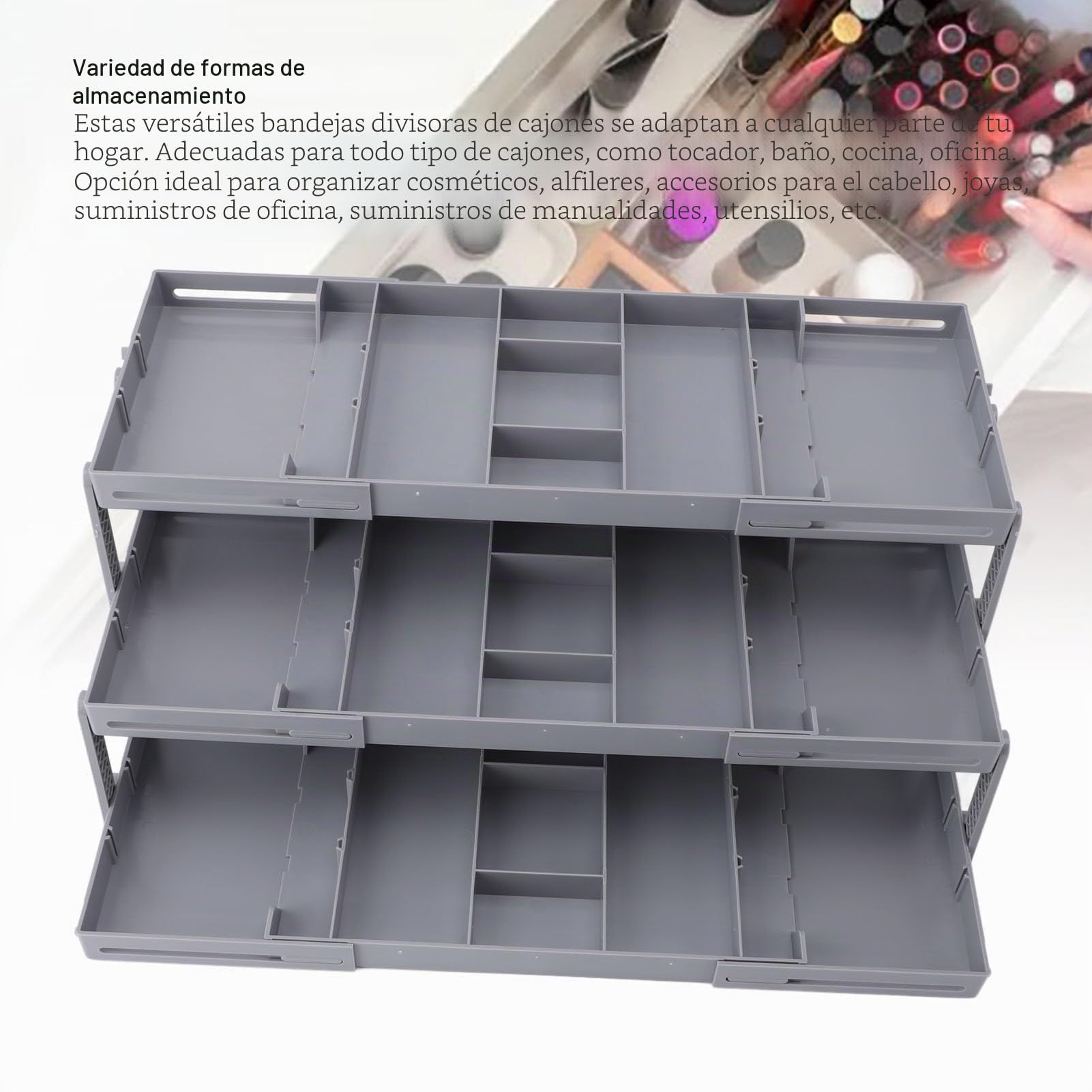 Organizador de Cajón Expandible de Plástico 3 Niveles Plegable para Maquillaje Joyería, Almacenamiento Ahorra Espacio para Baño Cocina Oficina, Una Ajustable para Accesorios