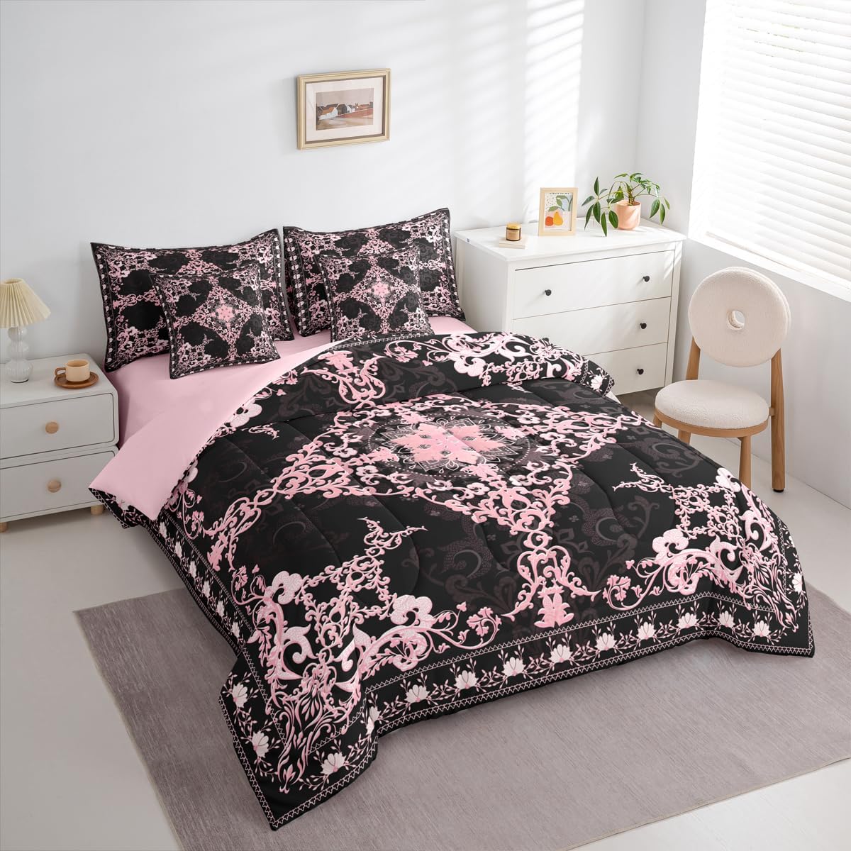 Erosebridal Black Pink Gothic Damask Bedding Queen Bohemian Antique Aesthetics Comforter Set 7 Piece Boho Exotic Floral Bed in A Bag Romantic European Abstarct Flowers Quilt with Flat Fitted Sheet
