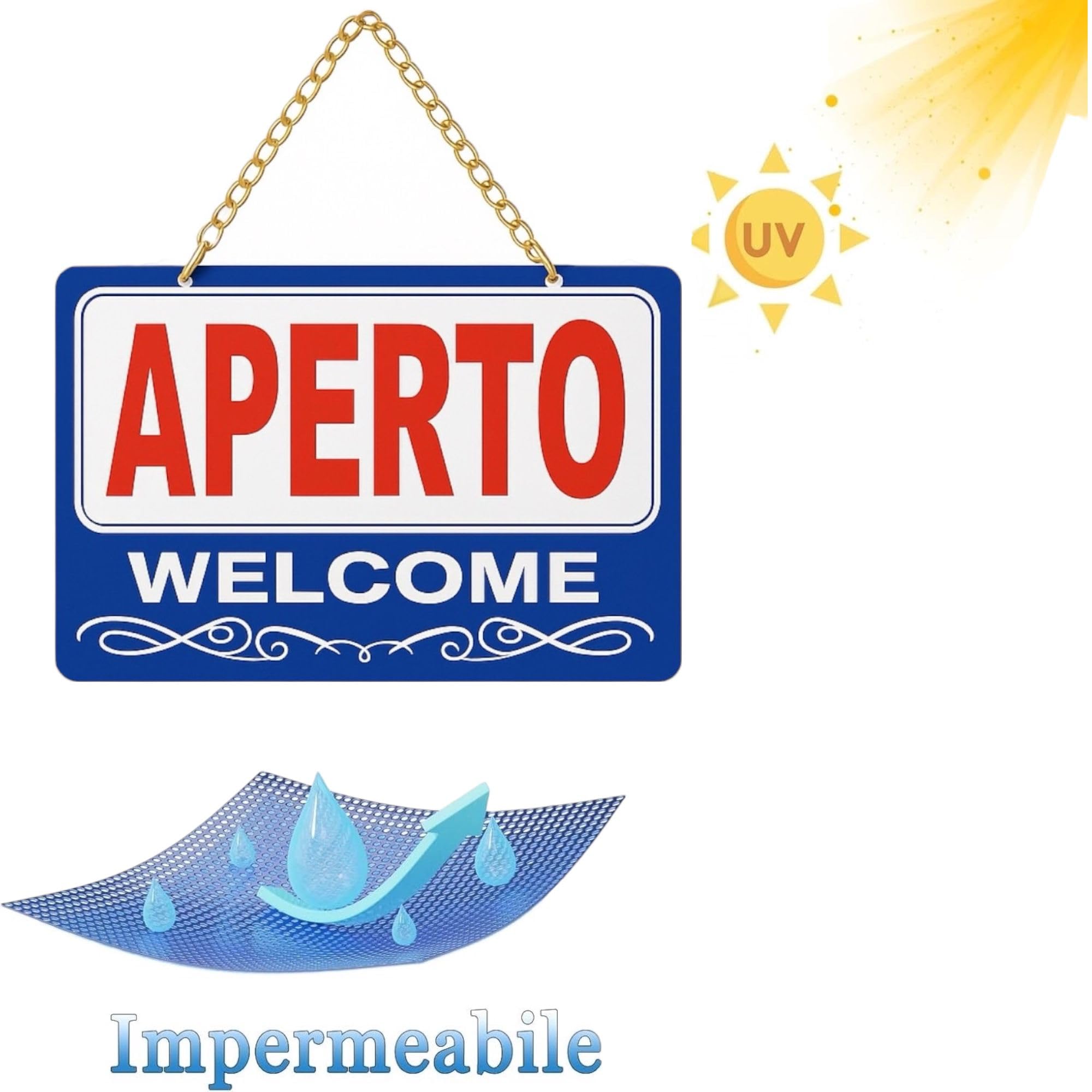 Topolenashop Cartello Aperto Chiuso Reversibile 29x19 cm – Insegna Bilingue Open Close per Negozi, Bar e Ristoranti – Cartello da Appendere con Catena Dorata per Porta e Vetrina ART.689388