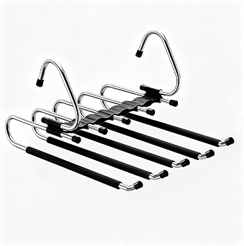 4 Pack Pants Hangers Space Saving, Hold 5 Pairs Per Hanger, Stainless Steel Anti-Slip Clothes Hangers for Pants Jeans Skirts, Rustproof Closet Organizer with Non-Slip Clips Black