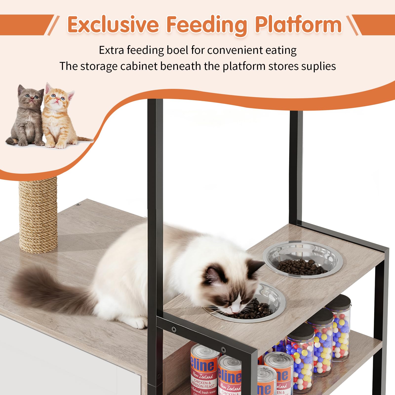 HavenlyYouth Árbol para gatos con cuencos de comida y caja de arena, torre para gatos de varios niveles con postes de sisal para jugar, hamaca de felpa en gris para mayor comodidad