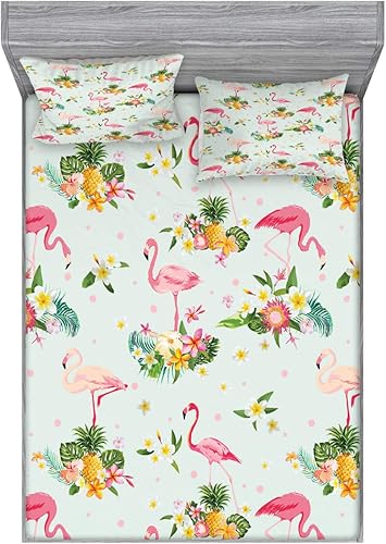 Lunarable Juego de sábanas bajeras y fundas de almohada, diseño de flamenco, pájaro tropical, frutas, piñas, estilo vintage, estampado decorativo,