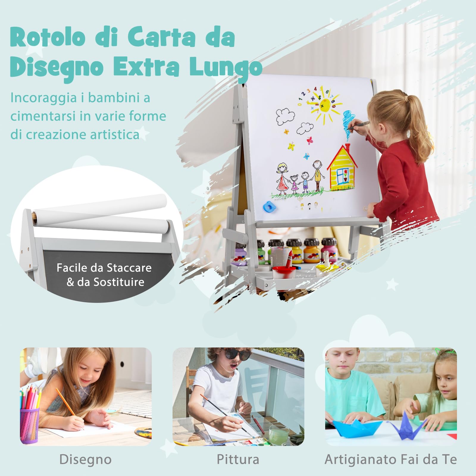 RELAX4LIFE 3 in 1 Lavagna per Bambini, Cavalletto con Doppia Faccia Magnetica e Lavagna Bianca, Rotolo di Carta, Scaffale Doppio e 2 Cesto in Tessuto Pieghevole, 3 Tazze, per 3+ Anni