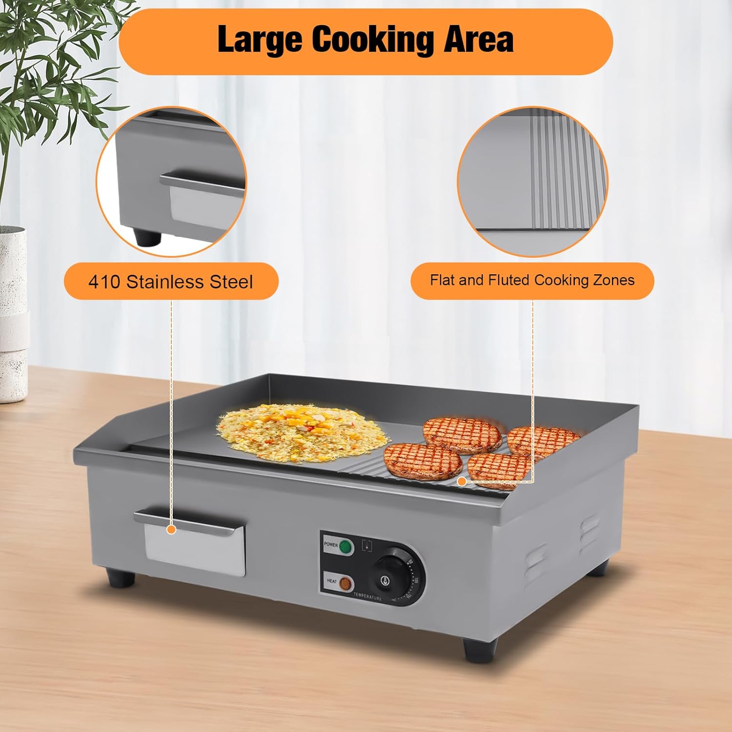 Stainless Steel Countertop Grill for Home and Commercial Use - 1600W Electric Griddle with Adjustable Temperature, Flat and Fluted Sections