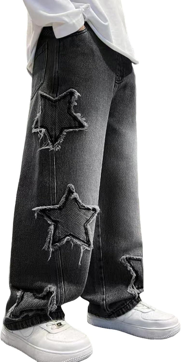 Happy Cherry Boys Baggy Jeans Wide Leg Denim Pants Elastic Waist Loose Fit Trousers Streetwear