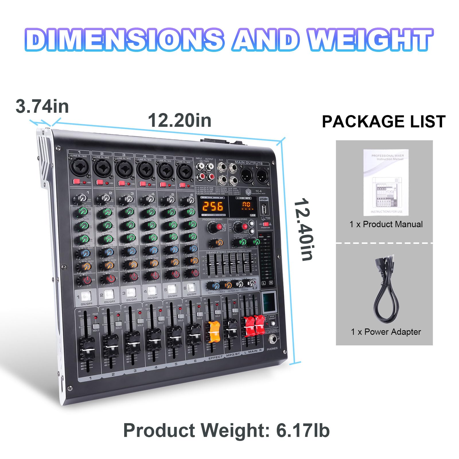 Professioneller 6-Kanal Audio-Mixer mit MP3-Player, Bluetooth, 48 V Phantomspeisung, USB-Aufnahme