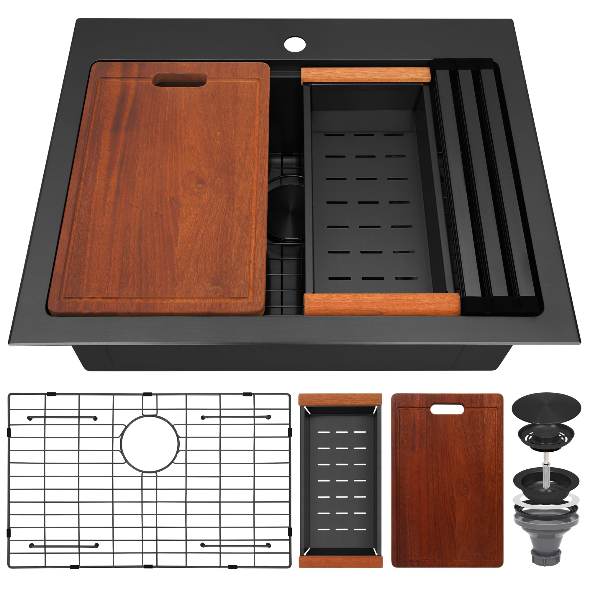 Lonsince Black Drop In Kitchen Sink 28" X 22",Top Mount 16 Gauge Stainless Steel Workstation Sink,Deep & Large Single Bowl Kitchen Sinks (Black, 28" X