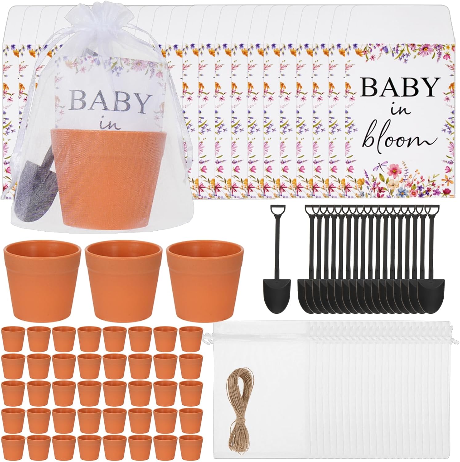 40 Set Baby Shower Party Favors Baby in Bloom Envelope Packets - Include 40 Packets 40 Flower Pots 40 Organza Bags 40 Garden Trowels - Favors for Guests Birthday Party (N-o-S-e-e-d)
