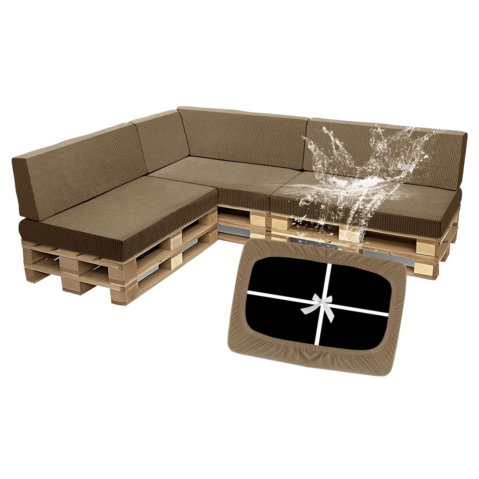 SYLC Waterproof Pallet Cushions Covers, Stretch Cover for Pallet Furniture Cushions with 4 Ties, Outdoor Corner Sofa Covers for Rattan Patio Garden Caravan (Camel,7 PCS(3 Seats+4 Backs))
