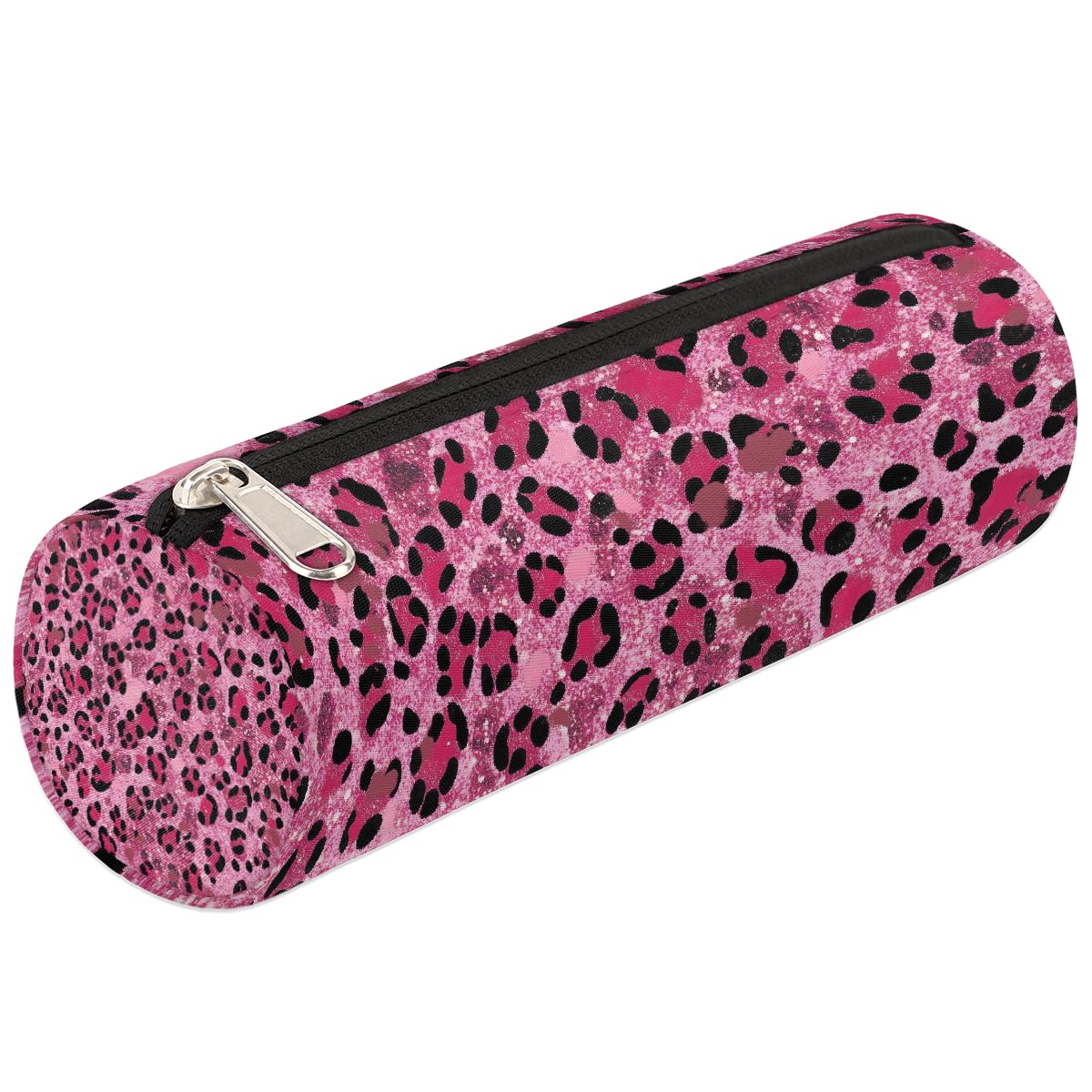 Dusviba Abstract Leopard Pattern Round Pencil Case Cylinder Pencil Bag Portable Pen Holder Pouch Multi Purpose Stationery Cosmetic Travel Storage Bag with Zipper for Kids Teens Adults