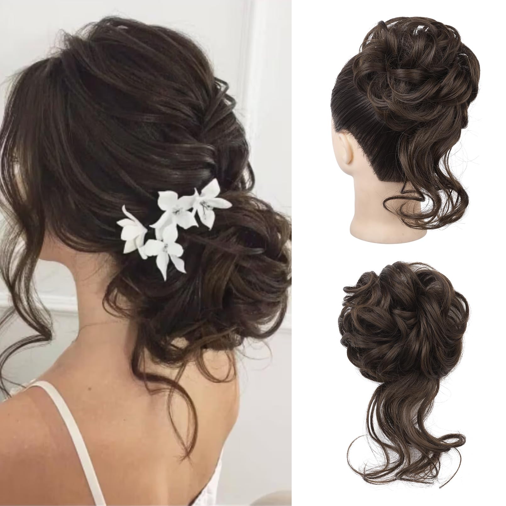REECHO Messy Bun Hair Piece, Tousled Updo Elastic Hair Bun Hair Piece for Women Synthetic Messy Hair Bun Donut Accessories Scrunchies - Dark Brown