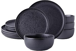 AmorArc Ceramic Dinnerware Sets: Black Stoneware with Wavy Rim for Sophisticated Dining