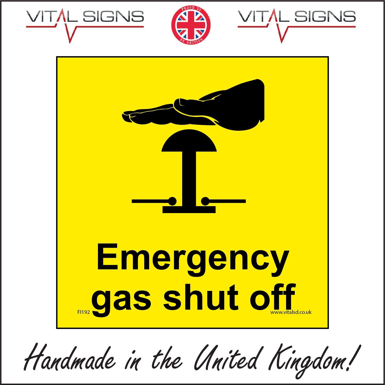 FI192 Emergency Gas Shut Off Switch Isolator Valve Panic Stop Power Cut Sign 100mm x 100mm Sticker/Sav - White Background
