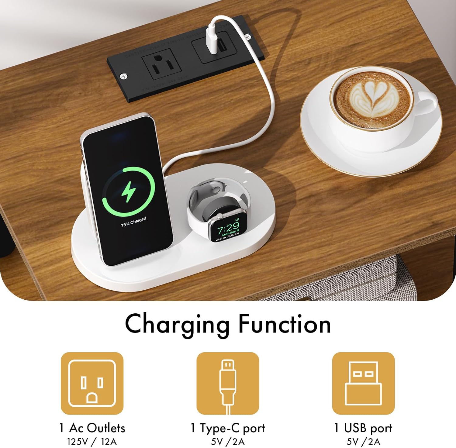 Bedroom Nightstand with Charging Station, Bedside Table with Adjustable Fabric Drawer, 3-Tier Night Table, 2-Min Installation Without Tools, Bedroom Side Table, Rustic Brown and Black