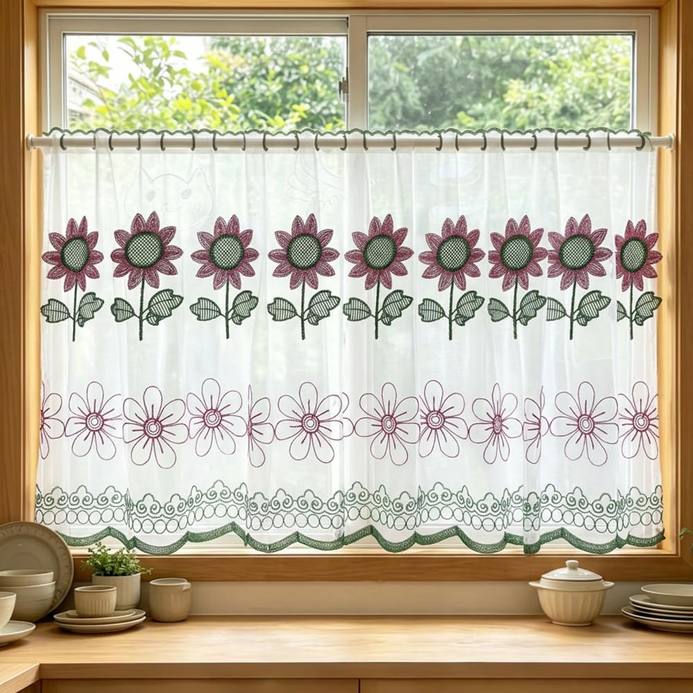 CARPJZ Floral Tier Curtain, Rod Pocket Sheer Voile Short Window Panel, Light Filtering Privacy, Soft Draped Fabric for Kitchen Doorway Cafe Bathroom Small Window