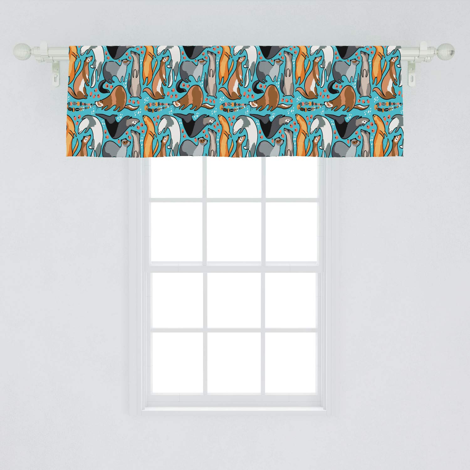 Lunarable Ferret Window Valance, Composition of Multiple Playful Ferrets with Berries and Beads as Simplistic Artwork, Curtain Valance for Kitchen Bedroom Decor with Rod Pocket, 54
