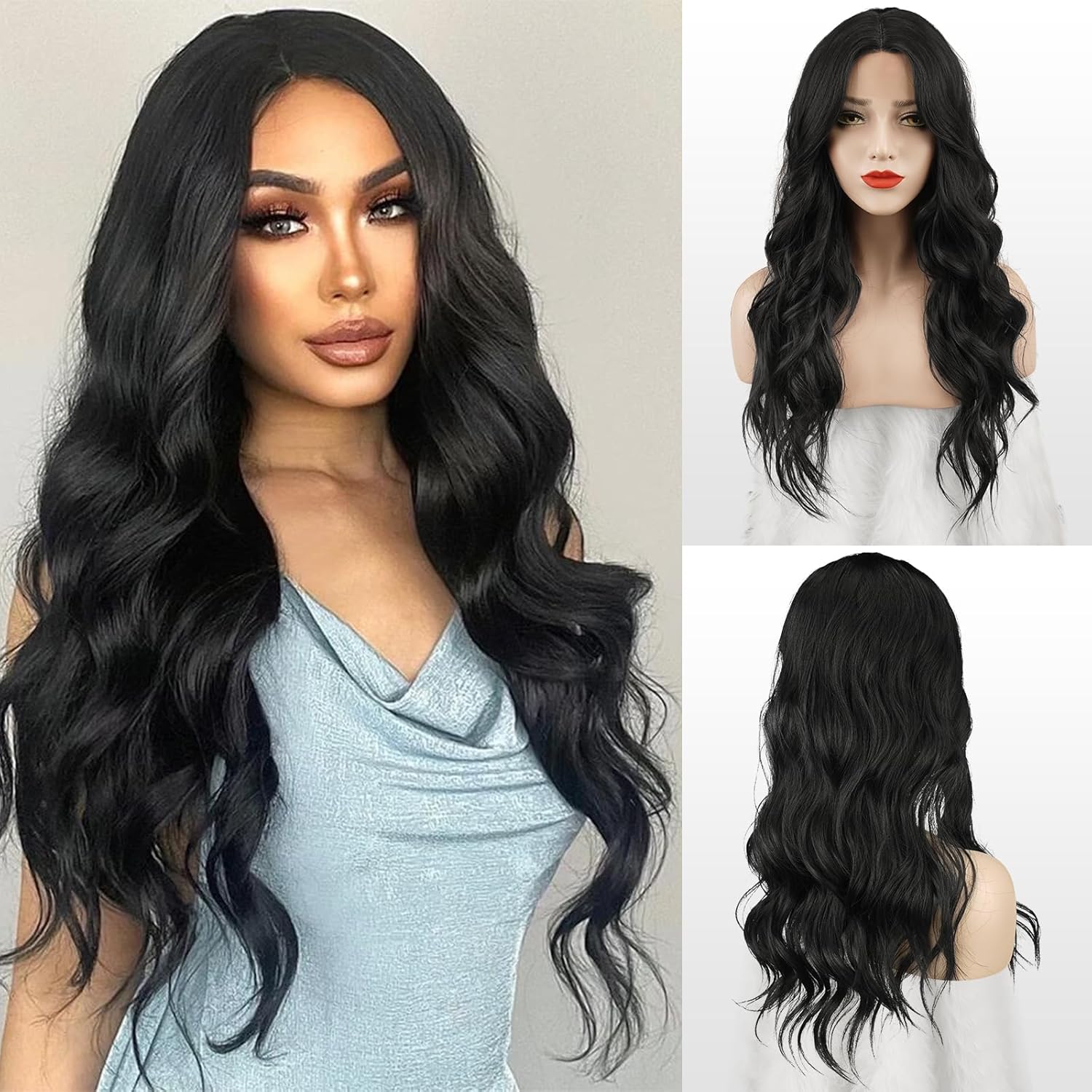 FESHFEN dlhá vlnitá parochňa čierna s čipkovaným predným dielom