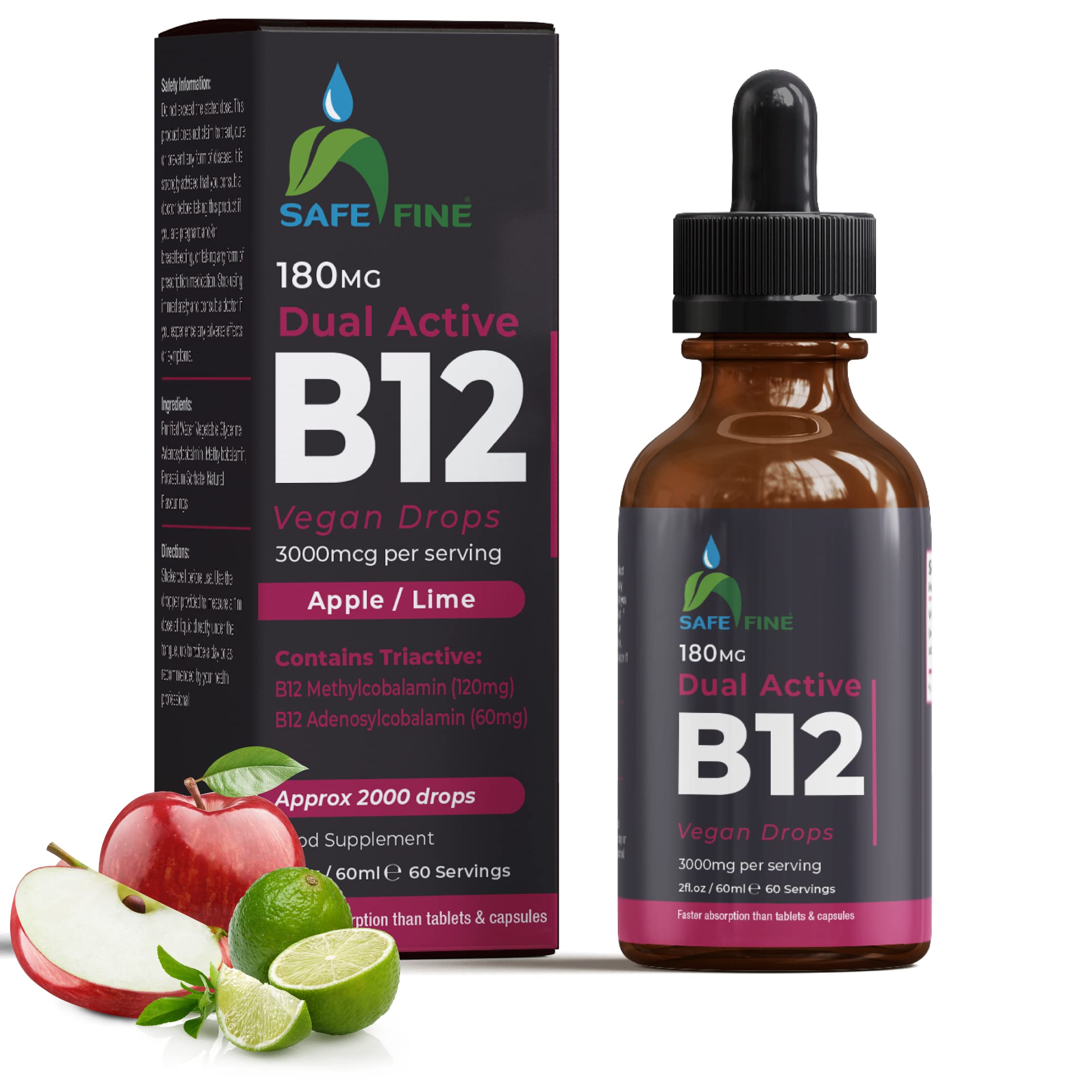 SafeFine Vitamin B12 Vegan Friendly Liquid Drops - 3000mcg - 60 ml Dropper Bottle - Supplement for Energy, Mood & Nerve Function - Sublingual and Dual Action for Fast Absorption - Gluten Free