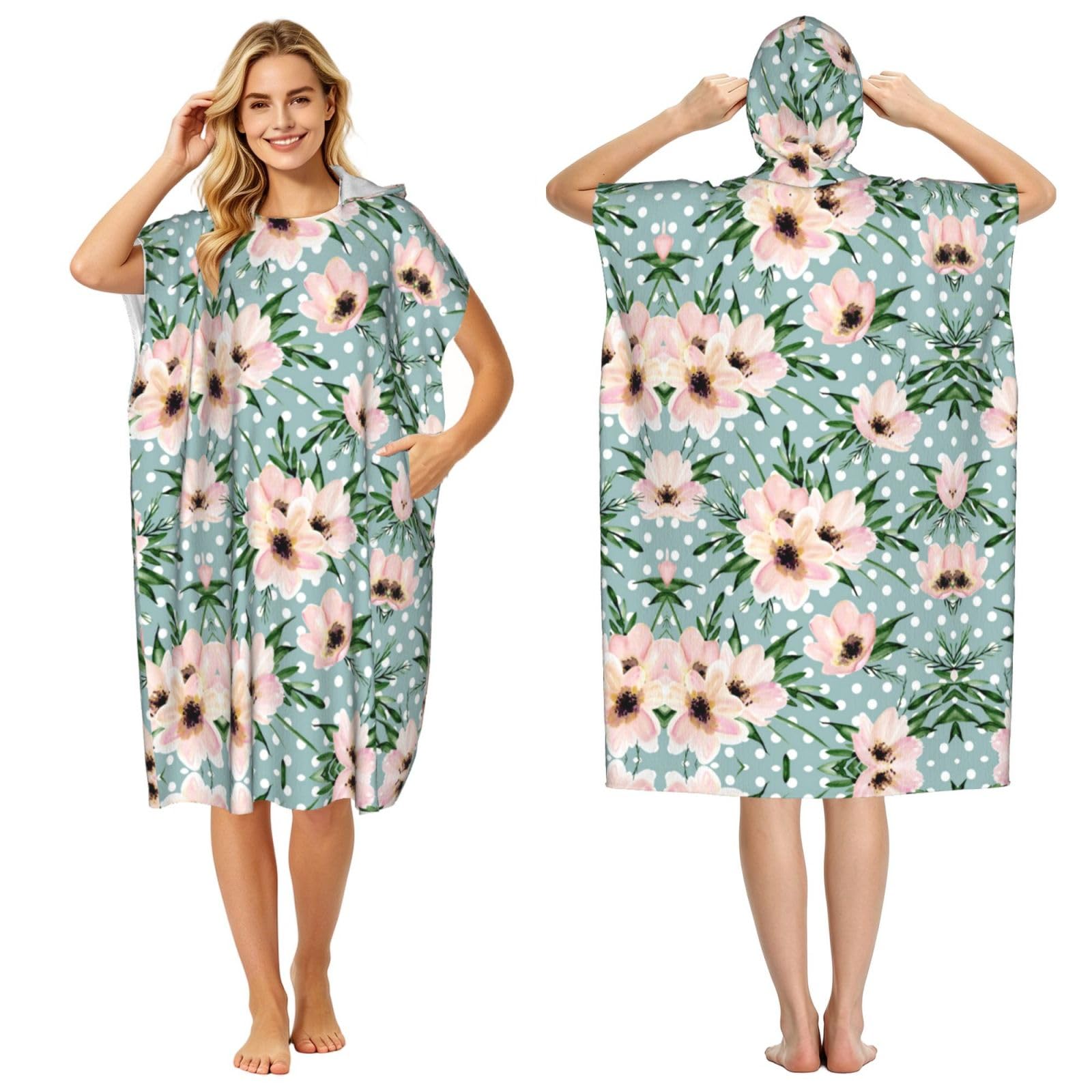 ESNAIUVCD Polka Dots Flowers Print Changing Robe, Hooded Towel Poncho For Swimming Pool, Beach,Quick Dry & Light Weight Towelling Poncho For Adults Women Men